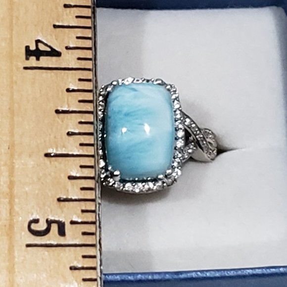 Larimar & White Zircon split shank halo ring Platinum over 925 Sterling 8 cts - Picture 3 of 5